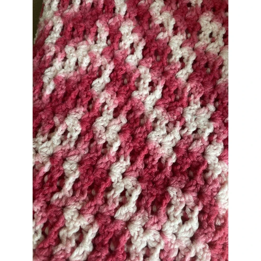 Handmade Crochet Baby Blanket Pink White Variegated Wave Pattern 34x34 Square